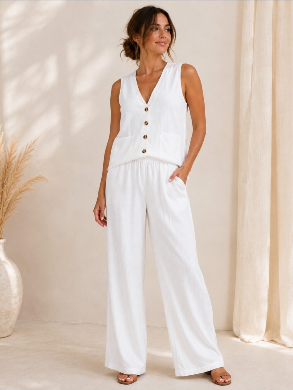 White 2 Piece Vest & Pants Set Tortoise Buttons Resort XL